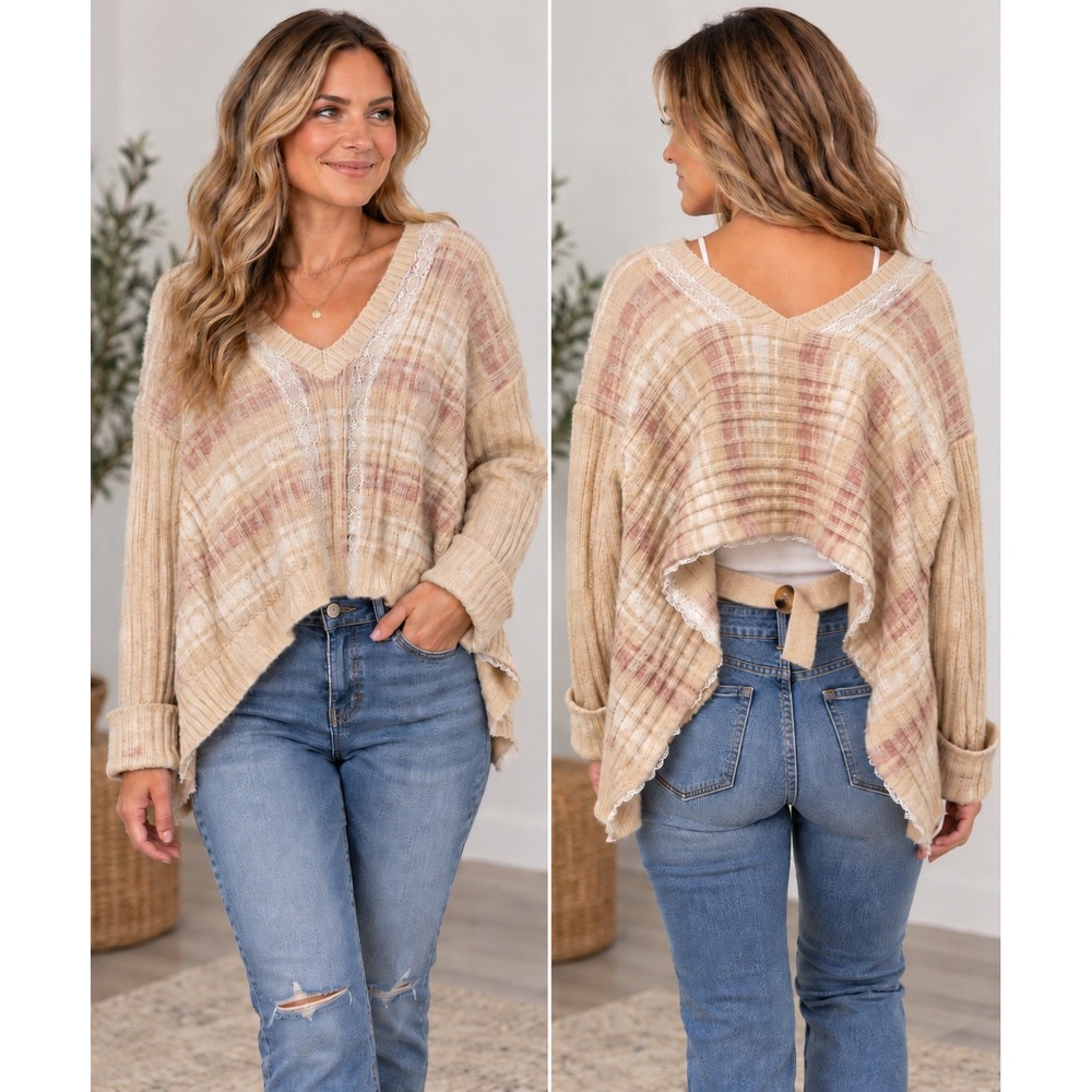 POL Cream Pink Plaid Lace Trim Asymmetrical V Neck Sweater Boho